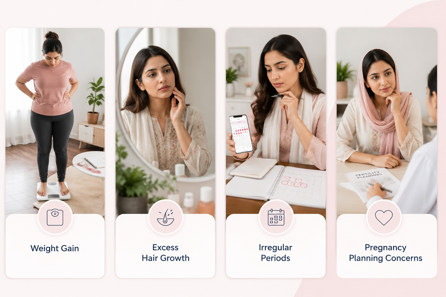 Common PCOS symptoms: weight gain, excess hair growth, irregular periods and pregnancy planning concerns